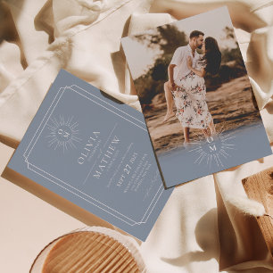 Dusty Blue Mid Century 70er Monogram Foto Wedding Einladung