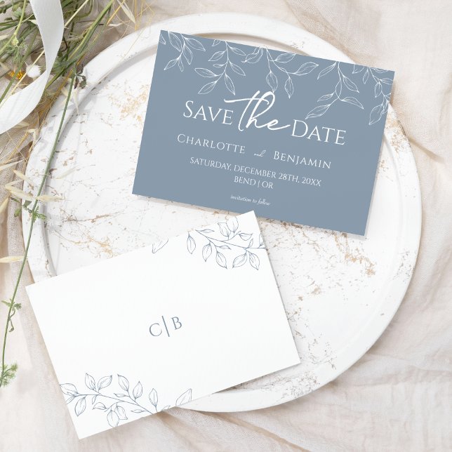 Dusty Blue Minimal Leaf Hochzeit speichern das Dat Save The Date (Von Creator hochgeladen)