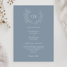 Dusty Blue Minimal Leaf Monogram Wedding Einladung