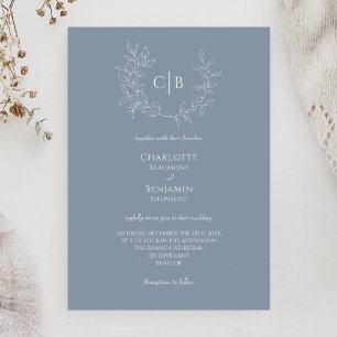 Dusty Blue Minimal Leaf Monogram Wedding Einladung