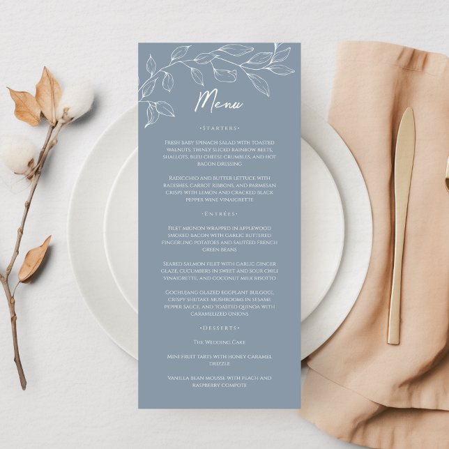 Dusty Blue Minimal Leaf Wedding Flat Menu Menükarte (Von Creator hochgeladen)