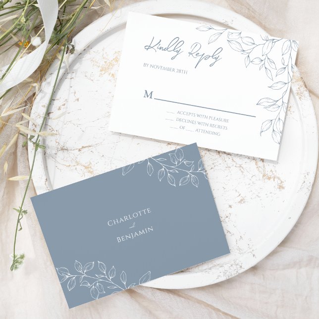 Dusty Blue Minimal Leaf Wedding RSVP (Von Creator hochgeladen)
