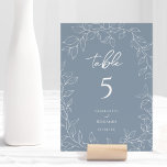 Dusty Blue Minimal Leaf Wedding Tischnummer<br><div class="desc">Dieses dustig blaue minimalistische Hochzeitstil-Design verkörpert perfekt eine moderne romantische Ästhetik. Mit einer klassischen Mischung aus staubblauem Hintergrund mit minimalen weißen Blattmustern, die durch ein einfaches Kalligraphieskript ergänzt wird, das mit einem dezenten Serif-Schriftart gepaart ist. Das Ergebnis ist ein perfekt gepflegtes Ambiente für Ihre Hochzeit, wobei jedes Detail die Eleganz...</div>