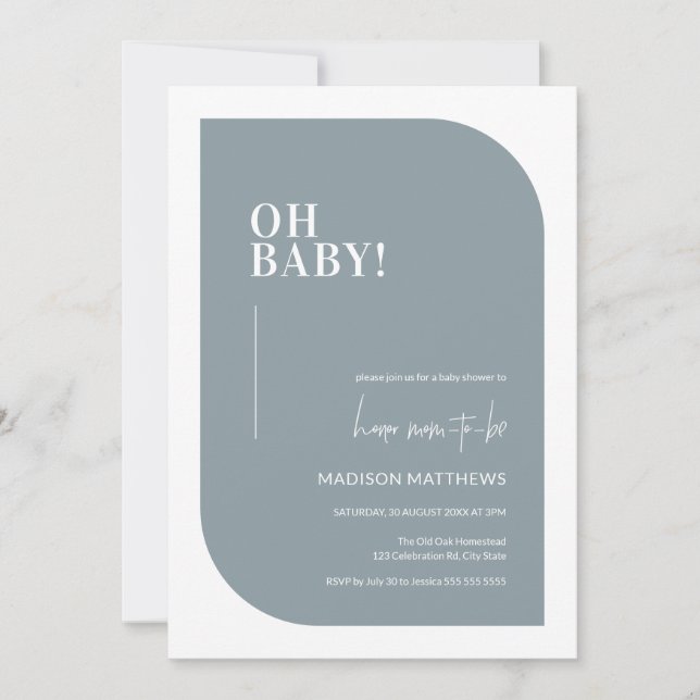 Dusty Blue Minimal Oh Baby shower Invitation (Devant)