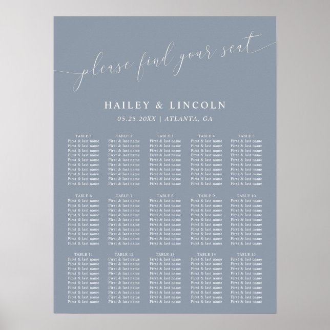Dusty Blue Minimal Wedding Seating Chart Poster (Vorne)