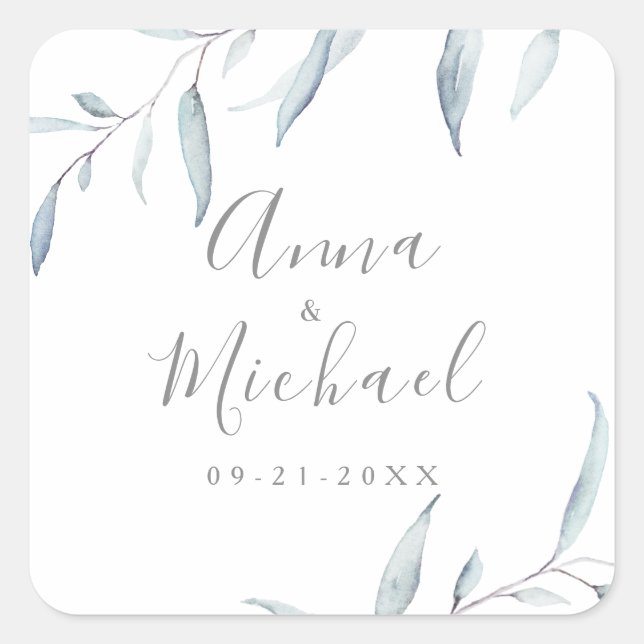 Dusty Blue Minimalgrün Gastgeschenk Hochzeit Quadratischer Aufkleber (Vorderseite)