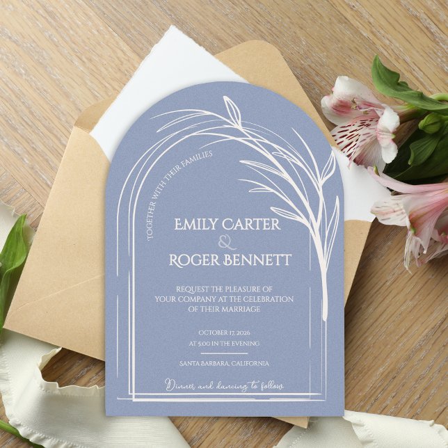 Dusty Blue Minimalist Arch Botanical Wedding Einladung (Dusty Blue Minimalist Arch Botanical Wedding Invitation | Modern Elegant Line Art Wedding Invite)