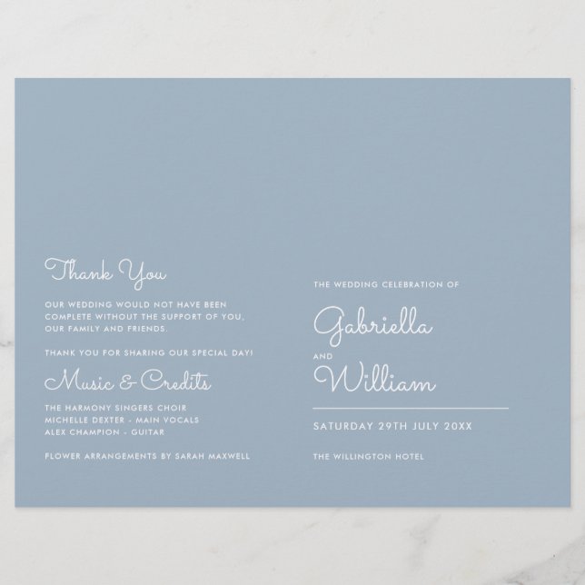 Dusty Blue Minimalist Script Wedding Programme (Devant)