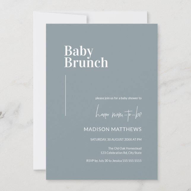 Dusty Blue Minimalistisch Baby Brunch Babydusche Einladung (Vorderseite)