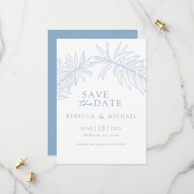 Dusty Blue Minimalistisch Botanical Save The Date (Vorderseite/Rückseite Beispiel)