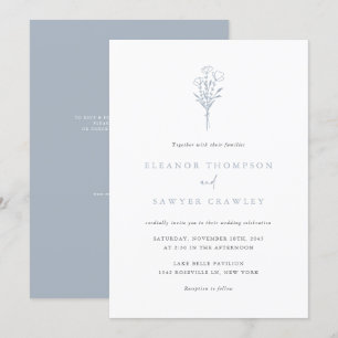 Dusty Blue Minimalistisch Bouquet QR Code Wedding Einladung