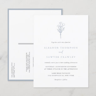 Dusty Blue Minimalistisch Bouquet QR Code Wedding Einladungspostkarte