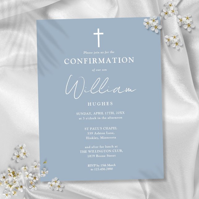 Dusty Blue Minimalistisch Confirmation Einladung Postkarte (Dusty Blue Minimalist Confirmation Invitation Postcard)
