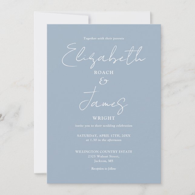 Dusty Blue Minimalistisch Elegant QR Code Wedding Einladung (Vorderseite)