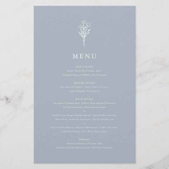 Dusty Blue Minimalistisch Floral Bouquet Menu Card (Vorderseite)
