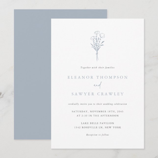 Dusty Blue Minimalistisch Floral Bouquet Wedding Einladung (Vorne/Hinten)