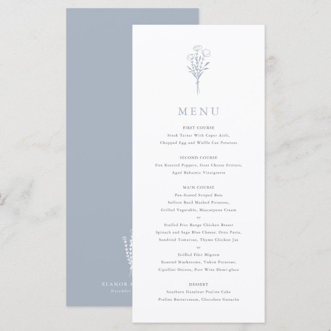 Dusty Blue Minimalistisch Floral Bouquet Wedding Menükarte (Vorne/Hinten)