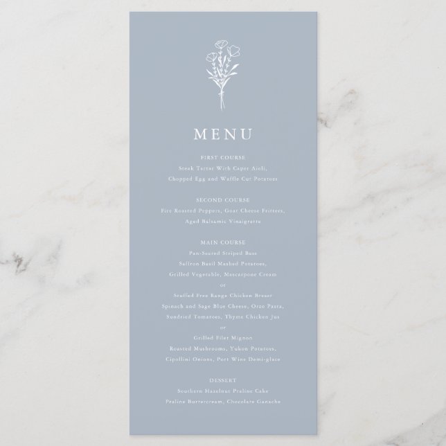 Dusty Blue Minimalistisch Floral Bouquet Wedding Menükarte (Vorderseite)