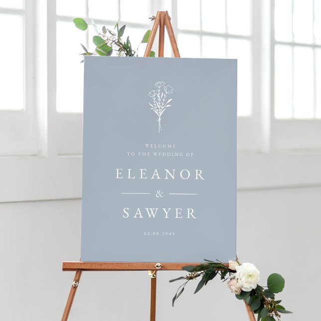 Dusty Blue Minimalistisch Floral Bouquet Wedding Poster (Customizable dusty blue wedding sign featuring minimalist floral bouquet. Available in other colors )