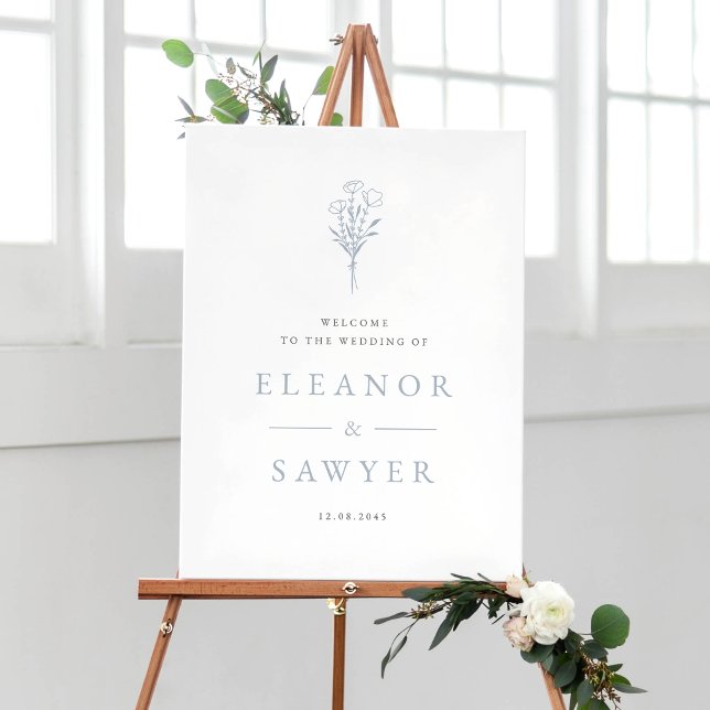 Dusty Blue Minimalistisch Floral Bouquet Wedding Poster (Customizable wedding welcome sign featuring minimalist floral bouquet. Available in other colors. )