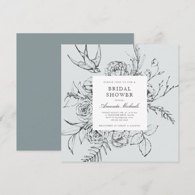 Dusty Blue Minimalistisch Floral Line Brautparty Einladung (Vorne/Hinten)