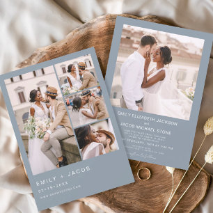 Dusty Blue Minimalistisch Foto Fünf Foto Hochzeit Einladung