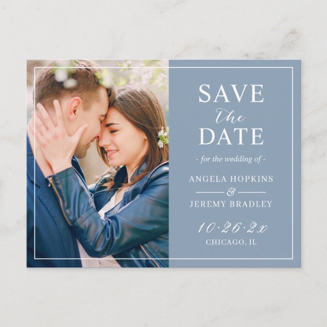 Dusty Blue Minimalistisch Foto Save the Date Postkarte (Vorderseite)