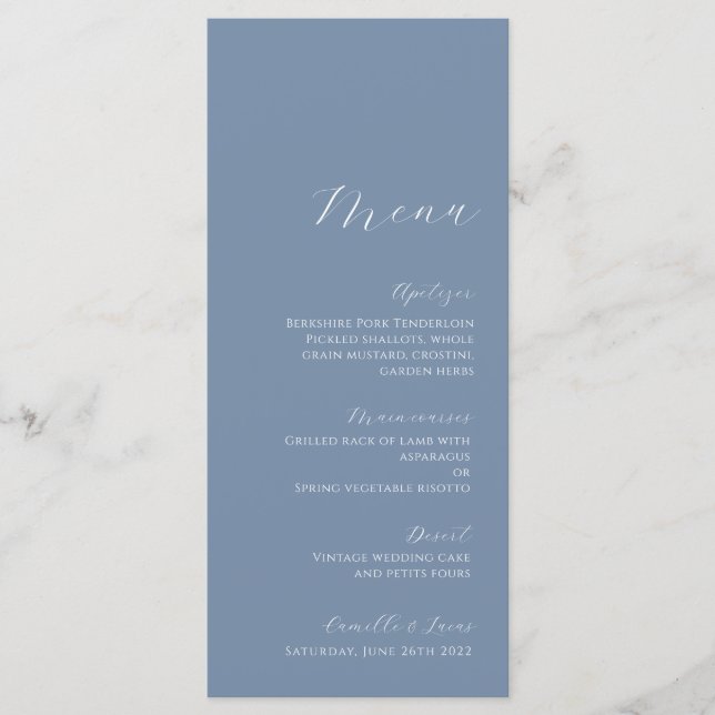 Dusty Blue Minimalistisch Modern Wedding Menu Menükarte (Vorderseite)