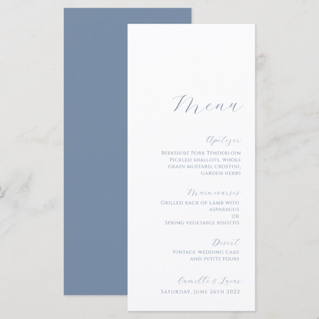 Dusty Blue Minimalistisch Modern Wedding Menu Menükarte (Vorne/Hinten)