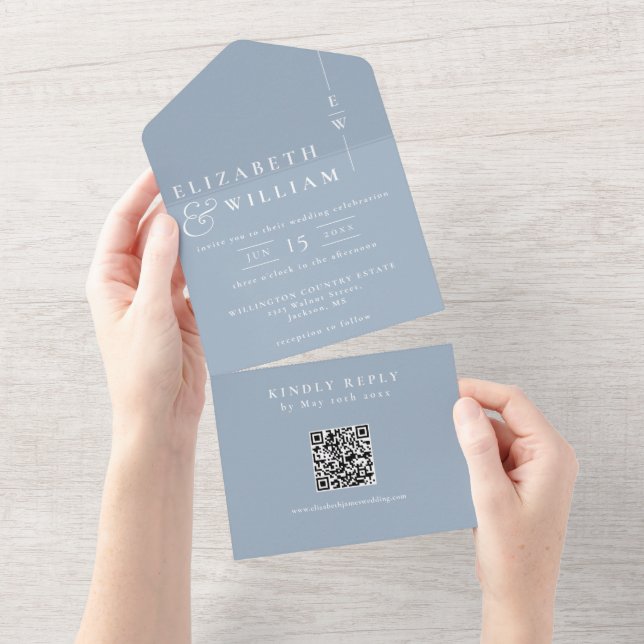 Dusty Blue Minimalistisch Monogram QR Code Wedding All In One Einladung (Abreißen)