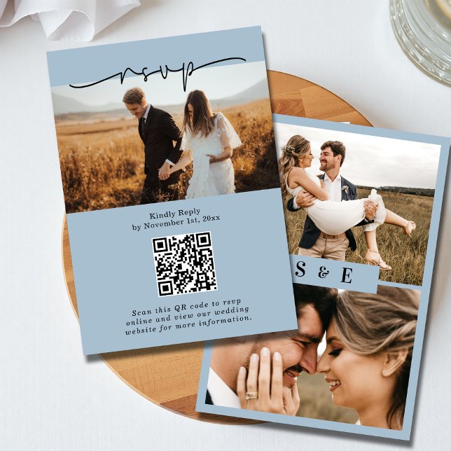 Dusty Blue Minimalistisch QR Code Foto Wedding RSVP Karte (Von Creator hochgeladen)