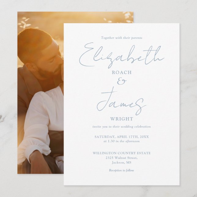 Dusty Blue Minimalistisch Script Foto Wedding Einladung (Vorne/Hinten)