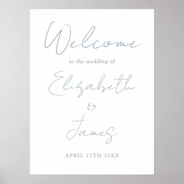Dusty Blue Minimalistisch Script Wedding Willkomme Poster (Vorne)