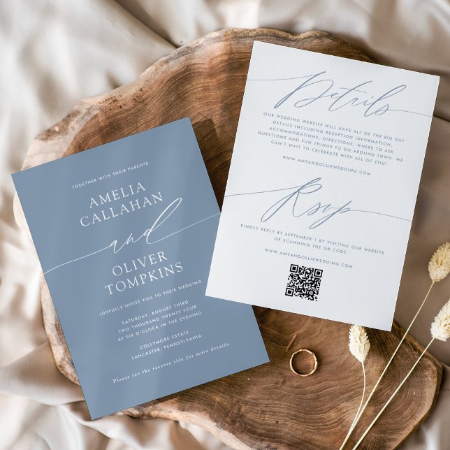 Dusty Blue Minimalistische zweiseitige Hochzeit Einladung (Von Creator hochgeladen)