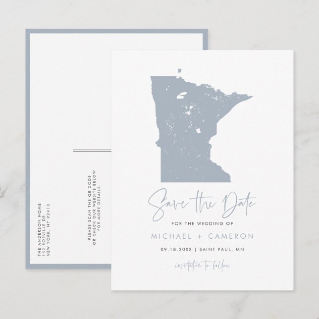 Dusty Blue Minnesota Map QR-Code Save the Date Ankündigungspostkarte (Vorne/Hinten)