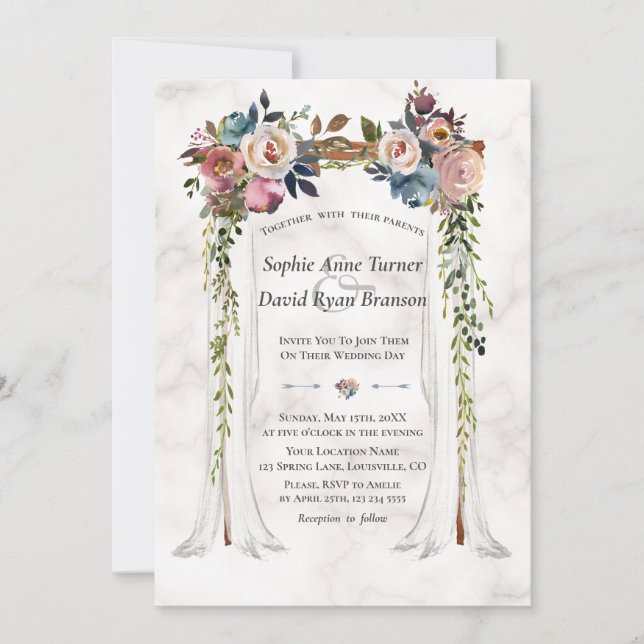 Dusty Blue Misty Blume Canopy Marble Wedding Einladung (Vorderseite)