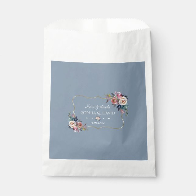 Dusty Blue Misty Rose Blume Gold Wedding Geschenktütchen (Vorderseite)