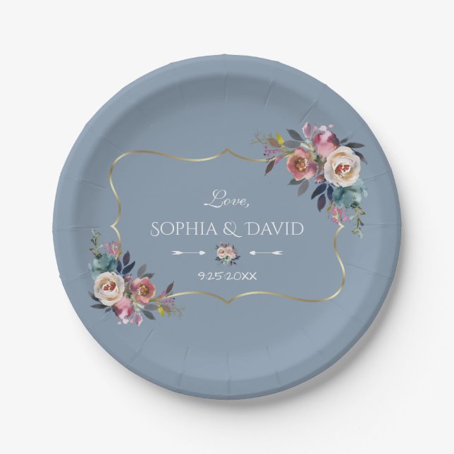 Dusty Blue Misty Rose Blume Gold Wedding Pappteller (Vorderseite)
