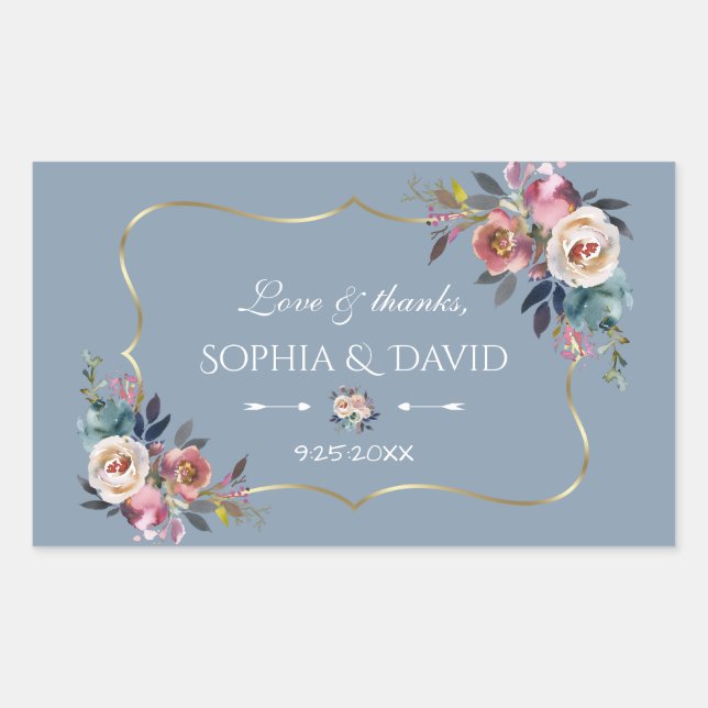 Dusty Blue Misty Rose Blume Gold Wedding Rechteckiger Aufkleber (Vorderseite)