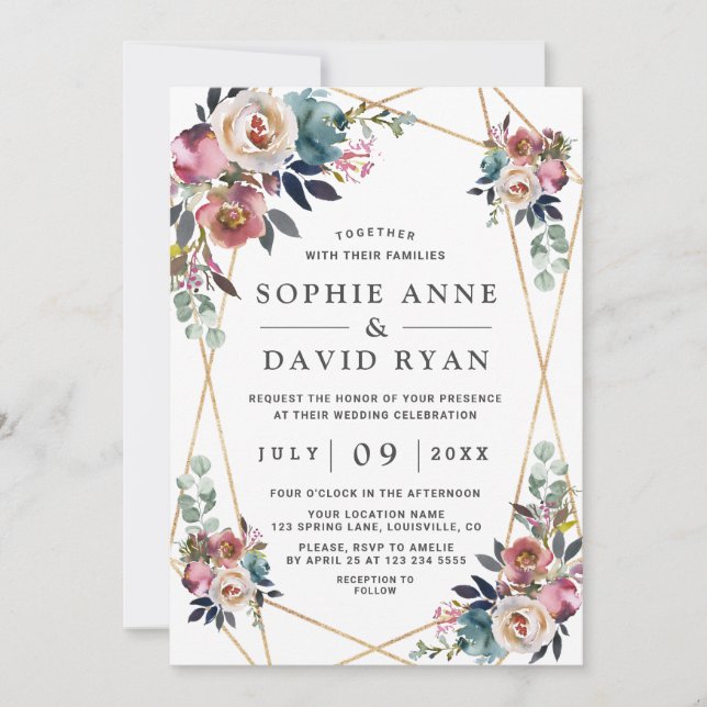 Dusty Blue Misty Rose Floral Gold Wedding Einladung (Vorderseite)