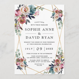 Dusty Blue Misty Rose Floral Gold Wedding Einladung