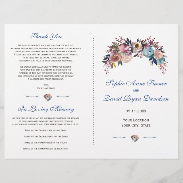 Dusty Blue Misty Rose Floral Wedding Program Flyer (Vorne)