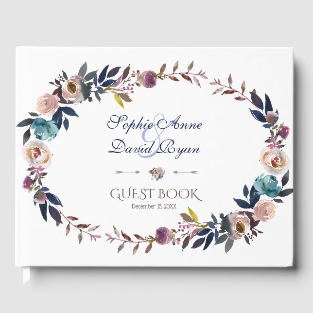Dusty Blue Misty Rose Wreath Wedding Gästebuch (Vorderseite)