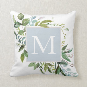 Dusty Blue mit Greenery Monogramm Kissen