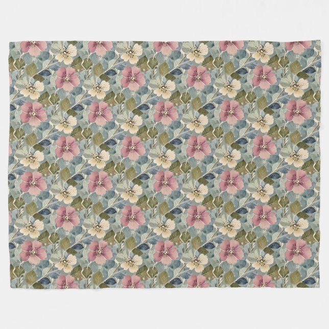 Dusty Blue mit Mauve und White Blume Fleecedecke (Vorderseite (Horizontal))