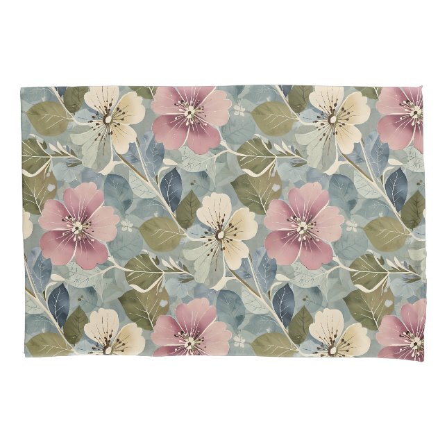 Dusty Blue mit Mauve und White Blume Kissenbezug (Vorderseite)