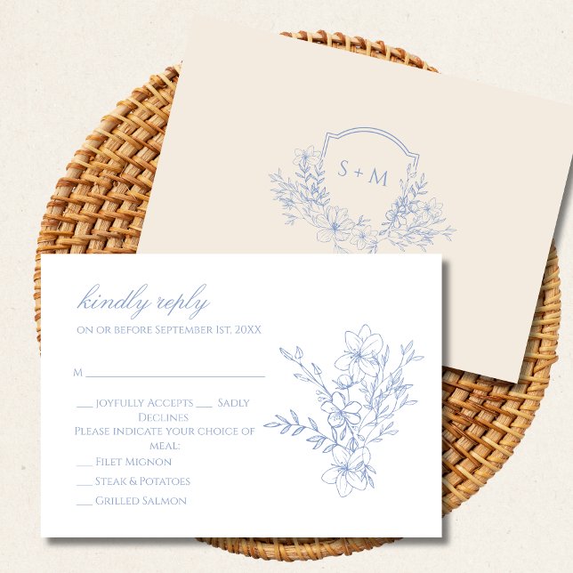 Dusty Blue Mit Monogramm Wappen Floral RSVP Card (Von Creator hochgeladen)