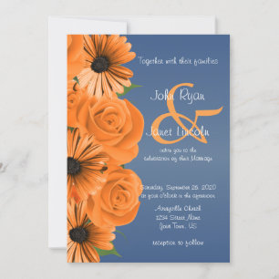 Dusty Blue mit Orange Rose & Daisy Einladung