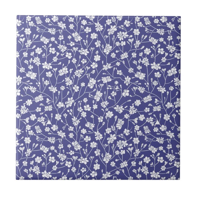 Dusty Blue mit weißen Blume Druckfolie Fliese (Vorderseite)