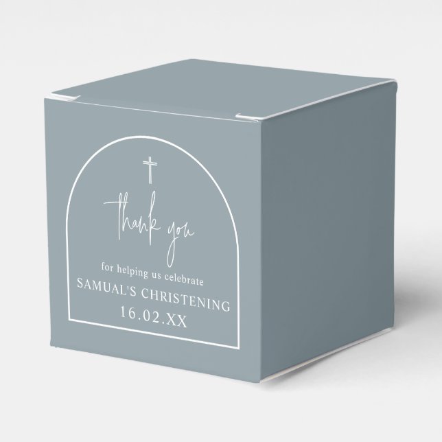 Dusty Blue Modern Arch Minimalistisch Christening Geschenkschachtel (Vorderseite)